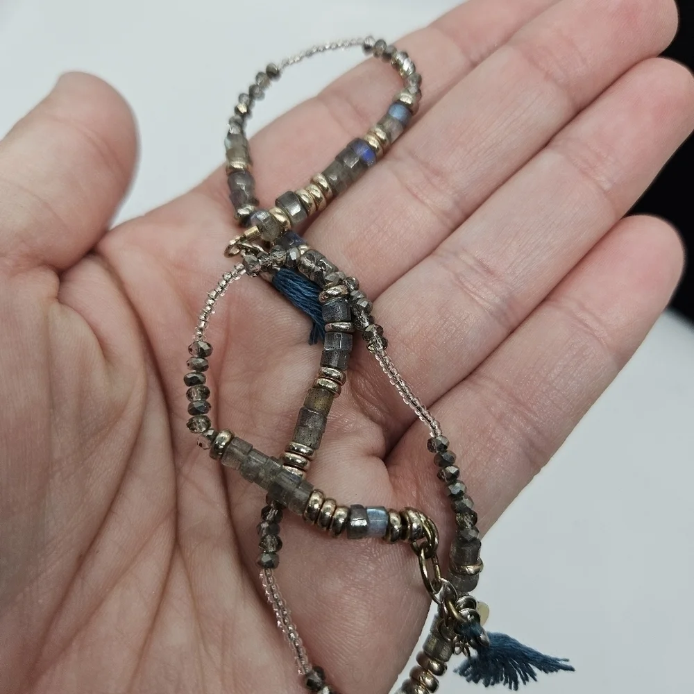 Shashi labradorite and seed bead strand with tassels SEE MEASUREMENT